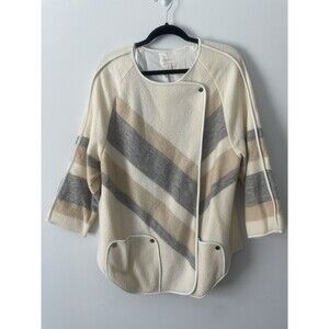 Chico's Yarn Dye Boiled Wool Jacket Faux Leather Trim Pockets Beige Size 2 Flaws